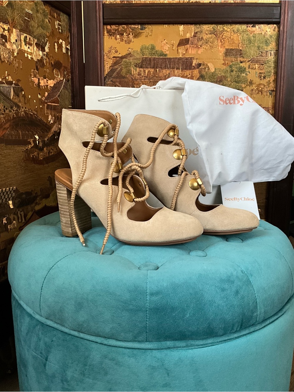 See By Chloe Beige Suede Lace-Up Block Heel Pumps